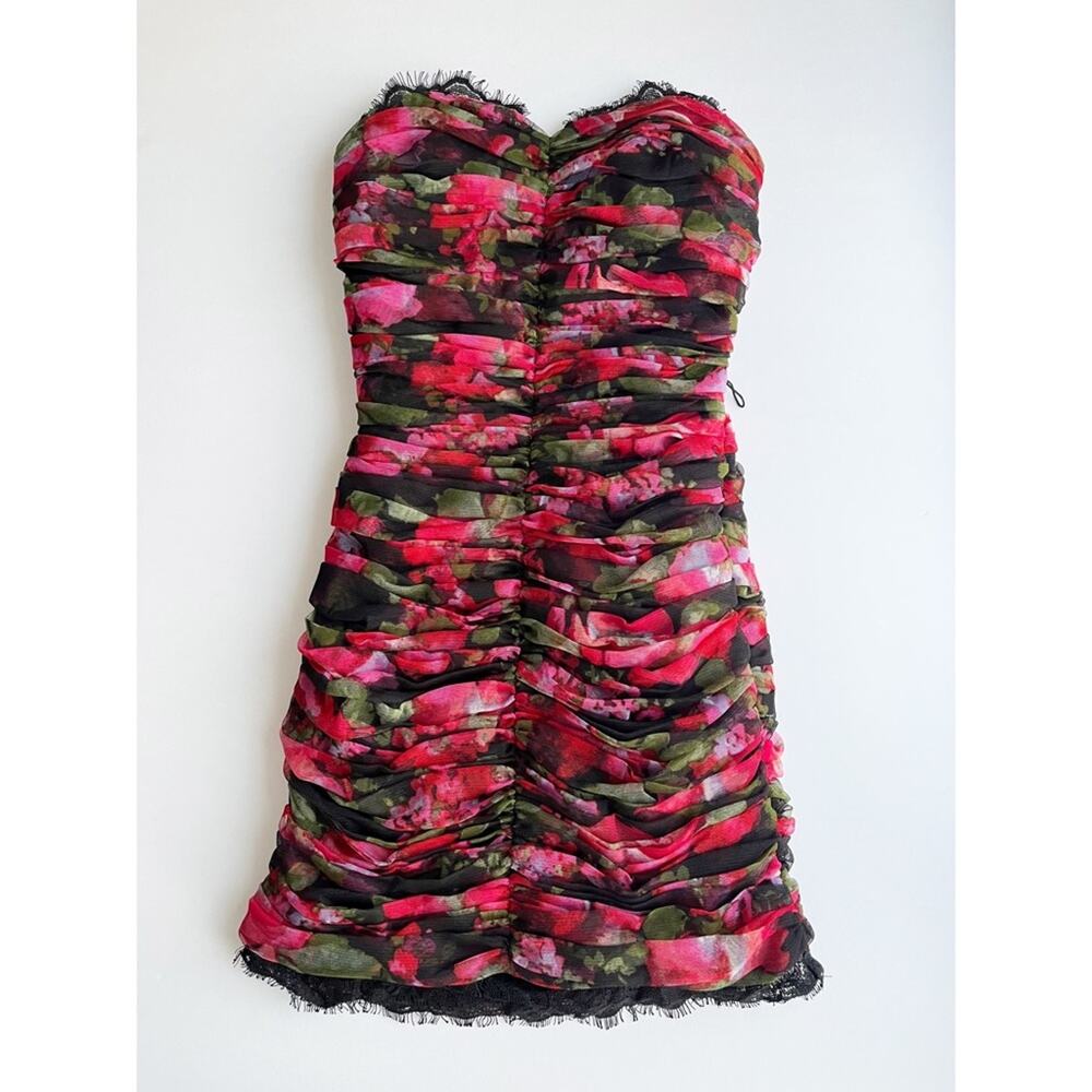 Pearl by Georgina Chapman Floral Lace Trim Ruched Mini Dress